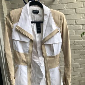 White and tan Bebe peplum jacket